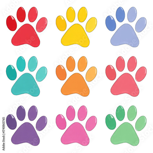 Nine colorful paw prints, each a different shade, arranged in a grid on a black background