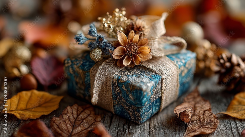 Fototapeta premium Big autumn gift box with surprise inside on warm seasonal background, festive concept with colorful wrapping, ribbon and cozy fall atmosphere, realistic detailed illustration