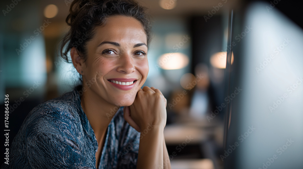 © Kateryna - Cheerful smiling businesswoman holding modern computer and looking confidently at camera while leaning casually on boardroom wall professional portrait shot business photography © Kateryna - Cheerful smiling businesswoman holding modern computer and looking confidently at camera while leaning casually on boardroom wall professional portrait shot business photography