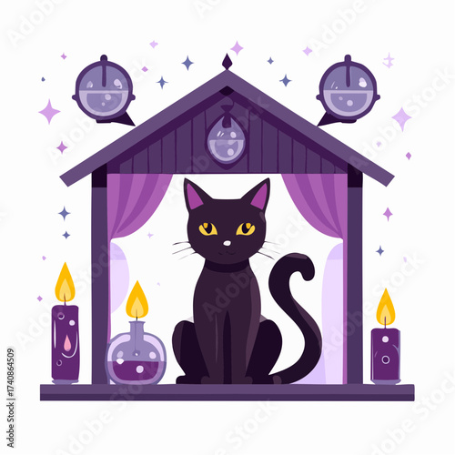 Mystical black cat and candles illustration