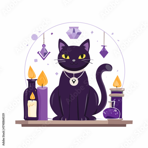 Mystical black cat and candles illustration