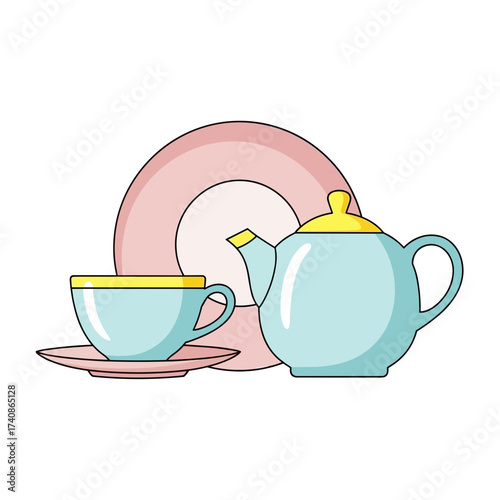 Porcelain teacup set with a teapot and plate in pastel colors  