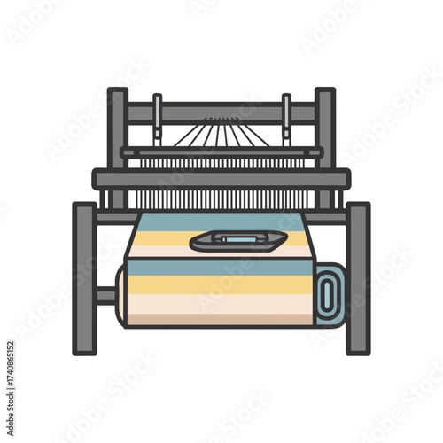 Loom with woven fabric in colorful stripes and wood construction  