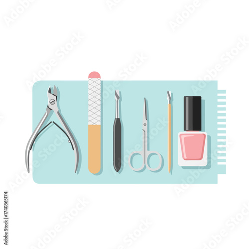Manicure tools arranged on towel with pink nail polish and accessories  