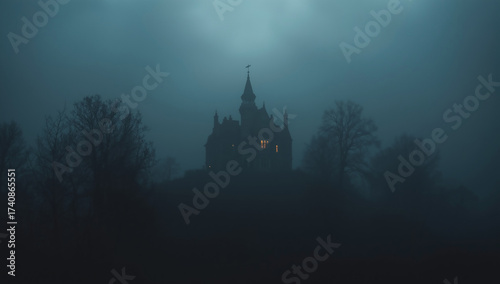 Spooky Haunted Mansion Silhouette at Night in a Creepy Fog