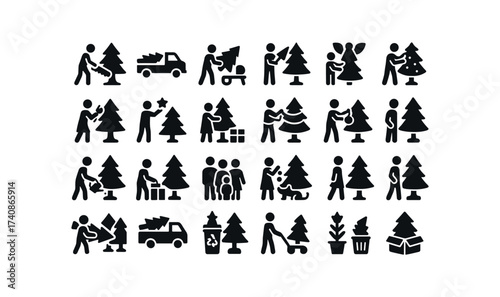 vector solid black filled icons Trees (Scenes) tree, cutting, hauling, loading, unloading, setup, trimming, lighting, star, placing, angel, garland, wrapping.
