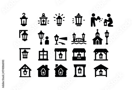 vector solid black filled icons Lanterns (Scenes) lantern, hanging, lighting, glowing, dimming, swinging, guiding, guarding, placing, porch.
