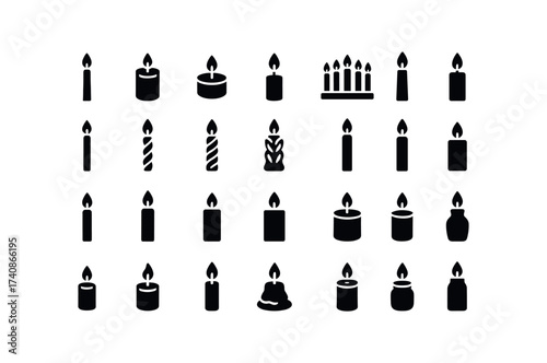 vector solid black filled icons Candles (Types) taper, candle, pillar, votive, tea, light, advent, scented, plain, twisted, spiral, carved, tall.