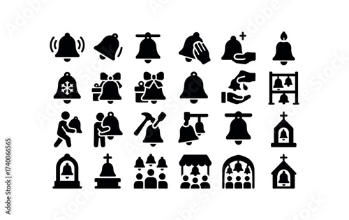 vector solid black filled icons Bells (Scenes) bell, ringing, swinging, hanging, polishing, blessing, lighting, decorating, gifting, wrapping, selling.