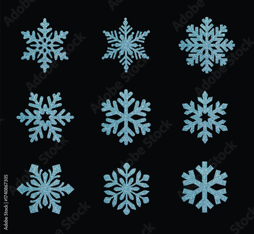 set of blue glitter snowflakes design