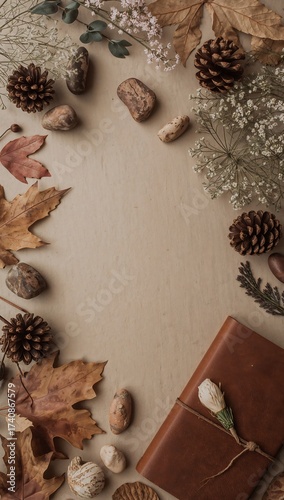 Flat lay composition with autumn flowers, leaves and notebook on brown background