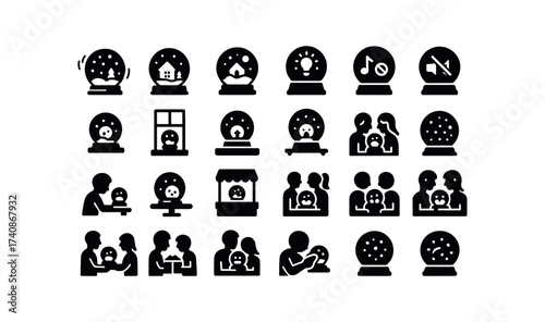 vector solid black filled icons Snow Globes (Scenes) shake, globe, set, light, on, off, music, shelf, line, window, desk, corner, mantel, center, table, shop, shelf.