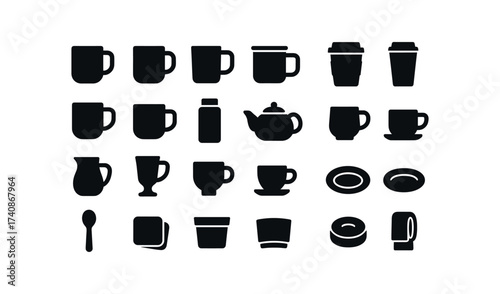 vector solid black filled icons Hot Drinks (Vessels) ceramic, mug, glass, tin, enamel, paper, cup, travel, stone, wood, thermos, flask, tea, pot, coffee, kettle, pitcher, jug.