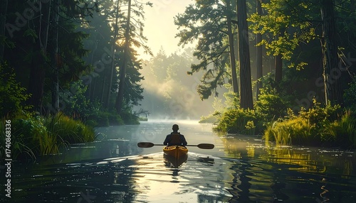 Kayaking on a misty river through a beautiful forest at sunrise or sunset