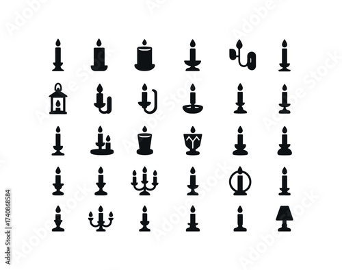 vector solid black filled icons Candle Holders (Types) taper, holder, pillar, votive, tea, lantern, wall, sconce, table, floor, stand, spike, tray, glass.
