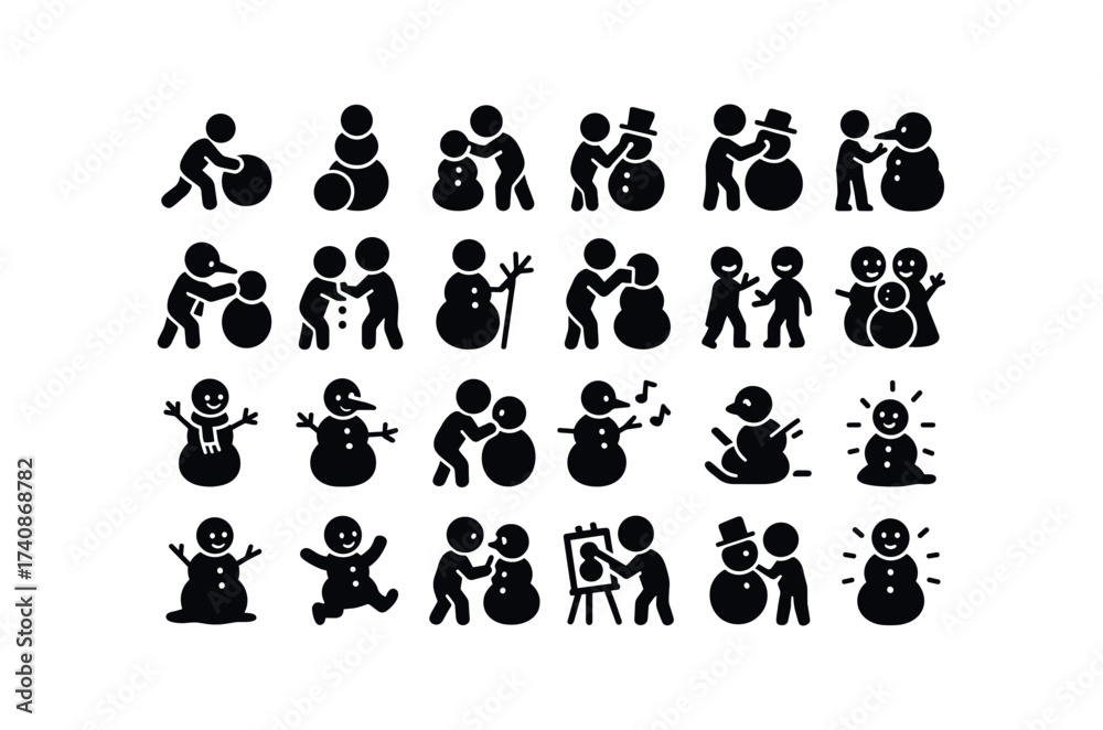 Naklejka premium vector solid black filled icons Snowmen (Scenes) snowman, rolling, stacking, shaping, decorating, carrot, placing, button, stick, hat, scarf, tying.