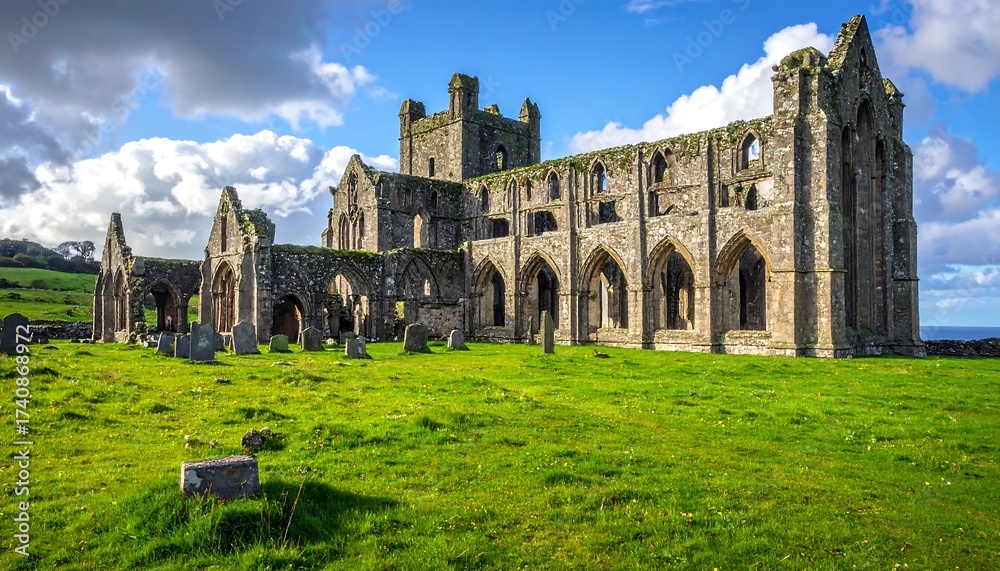 Fototapeta premium Historic Irish Abbey Ruins Against Blue Sky and Green Landscape