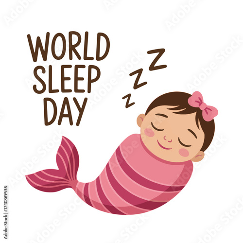 Cute baby mermaid sleeping with world sleep day text and zzz tail pink