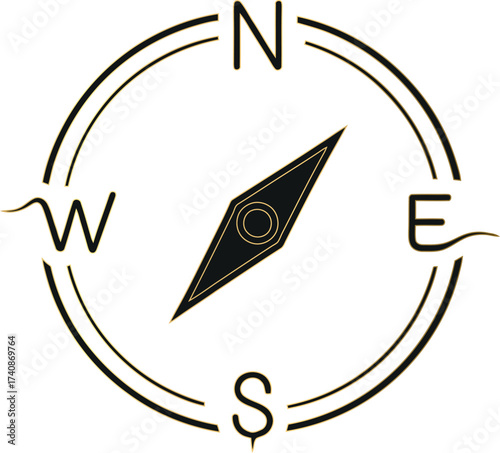 Simple black and white compass with cardinal directions and a needle pointing north.