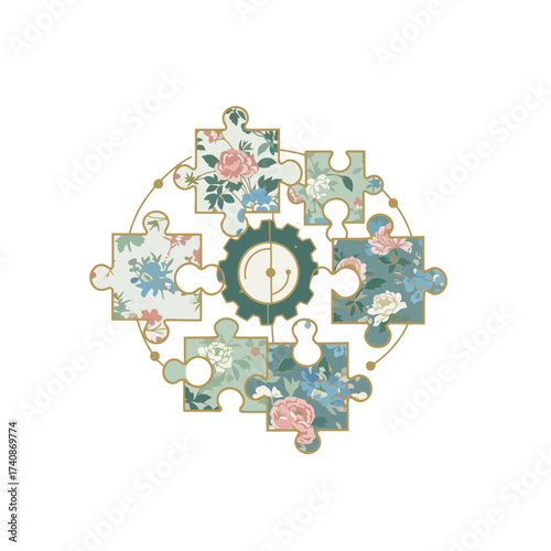 Floral Puzzle Pieces with Cogwheel Element