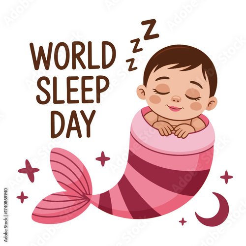 Cute baby sleeping in pink mermaid tail with World Sleep Day text vector