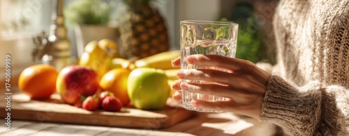 The Glass of Water in a Sunlit Kitchen Surrounded by Fresh Fruit and Warm Light
