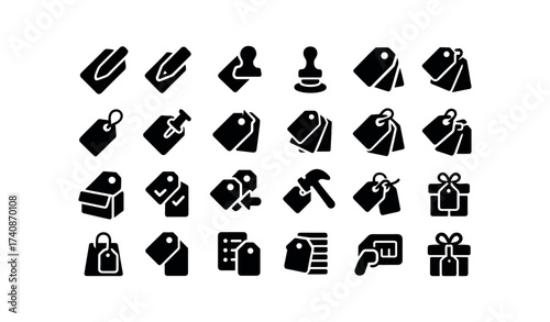 vector solid black filled icons Gift Tags (Scenes) name, writing, note, stamp, pressing, seal, stamping, hole, punching, string, cutting, loop, tying, tag, pinning, taping, clipping, tag.