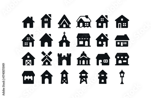 vector solid black filled icons Winter Villages (Types) small, cottage, tall, house, wooden, hut, snowy, cabin, brick, home, stone, lodge, painted, thatched, church, tower, school, hall, town, shop.