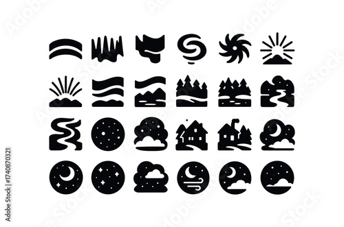 vector solid black filled icons Northern Lights (Scenes) arc, curtain, wave, ribbon, streak, spiral, twist, corona, burst, ray, fan, sky, sweep, horizon, glow, mountain, forest, lake, river.