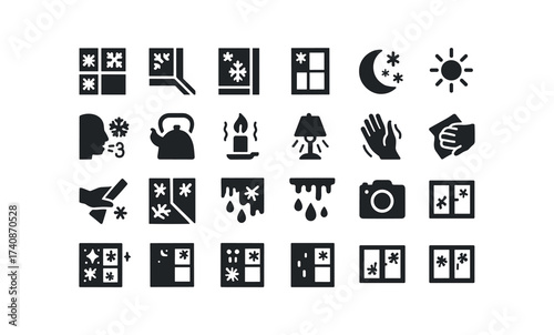 vector solid black filled icons Frost Patterns (Scenes) pane, edge, corner, sash, bar, frame, seam, night, chill, dawn, sun, breath, mist, kettle, candle, heat, lamp, hand, warm, cloth, wipe, scrape.