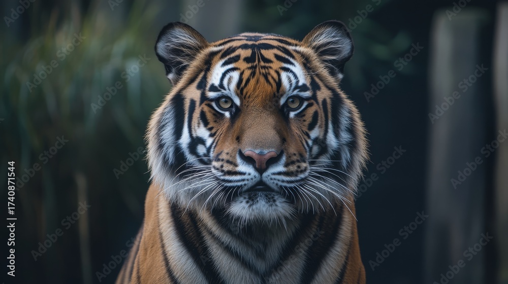 Obraz premium 23.A fierce and captivating close-up of a tiger's face, its intense gaze sharp and focused, set against a solid black backdrop that emphasizes the vibrant orange and black stripes of its fur