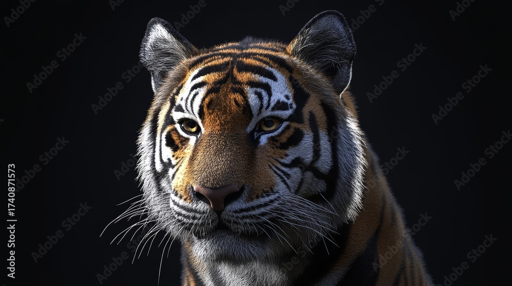 Fototapeta premium 24.A striking, high-contrast portrait of a tiger, with its face perfectly illuminated against the dark background, every stripe on its fur and detail in its facial expression captured with incredible