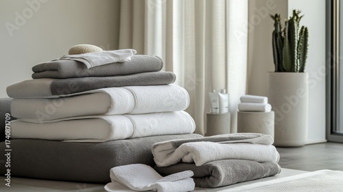 35.A serene arrangement of grey and white soft blankets and towels, gently stacked and folded in a tidy, symmetrical pile, creating a peaceful, uncluttered atmosphere in a modern home