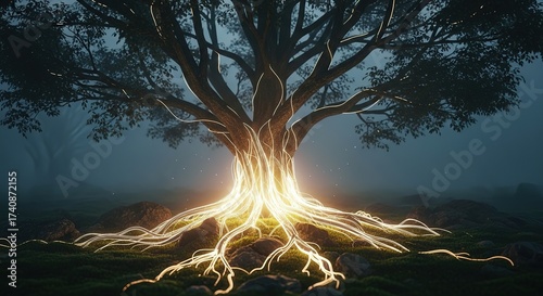 Mystical ancient tree glows with vibrant energy, roots radiating light in a serene, foggy forest landscape, symbolizing power and connection.