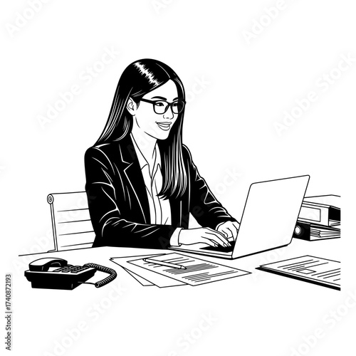 Cheerful Businesswoman Working at Desk,Black and white vector illustration of a smiling professional woman with glasses, long dark hair, and a suit, actively working on a laptop at a busy office desk