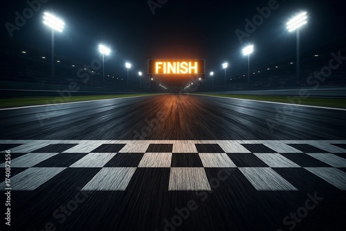 Illuminated finish line on a racetrack at night under bright stadium lights ready for the race end
