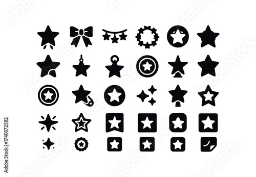 vector solid black filled icons Stars (Decorations) star, ribbon, bow, garland, wreath, pendant, charm, clip, badge, brooch, magnet, topper, star.