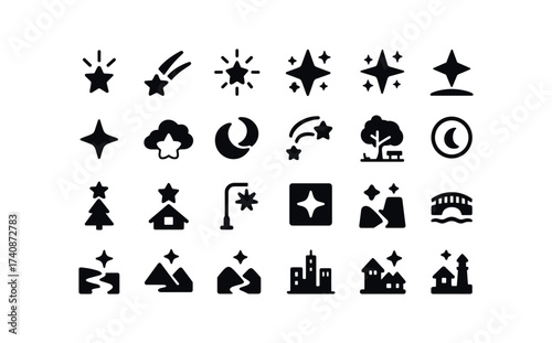 vector solid black filled icons Stars (Scenes) star, rising, falling, glowing, shining, twinkling, guiding, sky, clear, cloudy, night, calm, windy, comet, trail, moon.