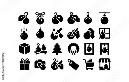 vector solid black filled icons Ornaments (Scenes) hook, attaching, string, tying, cap, securing, loop, fixing, hanger, clipping, ornament, hanging, dropping, breaking, glue, repairing.