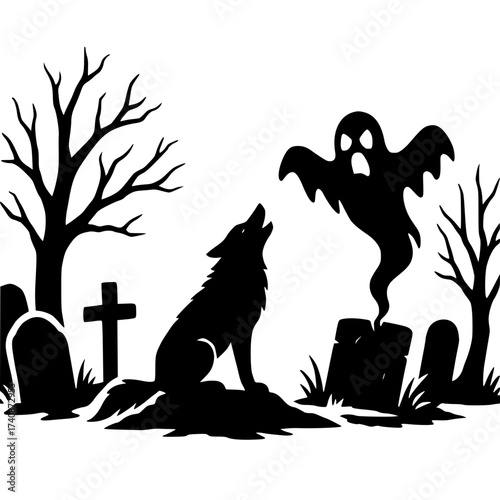 Ghostly Graveyard Scene, Howling Wolf with Haunted Grave Markers