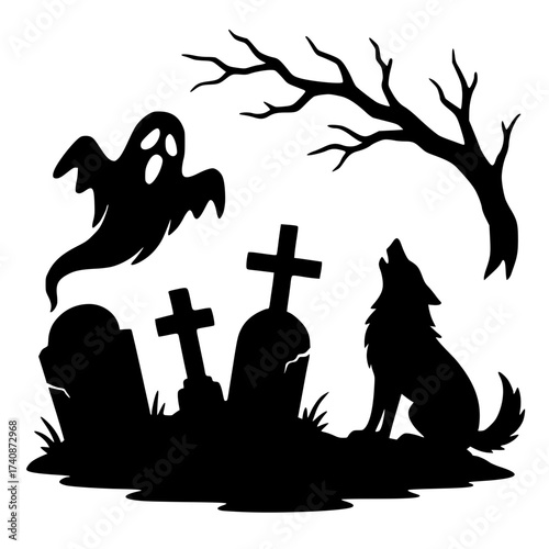 Ghostly Graveyard Scene, Howling Wolf with Haunted Grave Markers