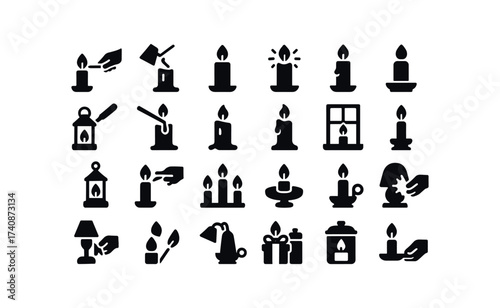 vector solid black filled icons Candles (Scenes) candle, lighting, snuffing, burning, glowing, wick, trimming, wax, pooling, dripping, cooling, lantern, placing, altar.