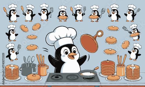 Penguin Chefs Making Pancakes: Kitchen Cartoon Illustration