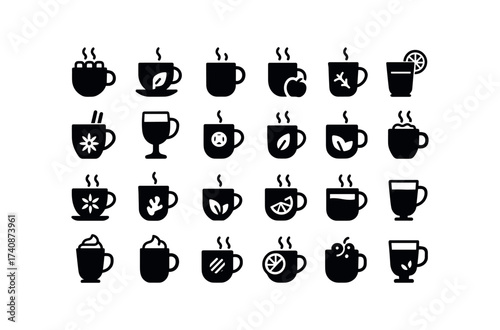 vector solid black filled icons Hot Drinks (Types) hot, cocoa, tea, coffee, cider, punch, mulled, wine, egg, nog, spiced, milk, chai, latte, ginger, herbal, mint, caramel, cocoa.