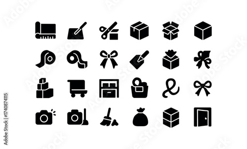 vector solid black filled icons Wrapping (Scenes) paper, measuring, cutting, folding, box, building, filling, closing, tape, pulling, seam, sealing, bow, making, tag, writing, bag.