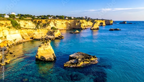 Fototapeta Naklejka Na Ścianę i Meble -  Coastal view of a stunning Italian landscape with dramatic cliffs and crystal-clear turquoise waters under a clear blue sky