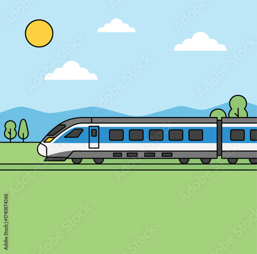 Art & Illustration
illustration of Modern high-speed train traveling through green fields with mountains and blue sky background