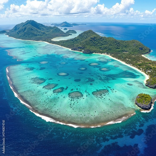 Golden sunset over a tropical island coastline with turquoise waters and lush green vegetation.