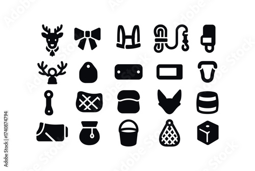 vector solid black filled icons Reindeer (Gear) bell, collar, bow, harness, strap, rein, rope, lead, nose, head, antler, ring, tag, label, name, plate, reflect, tape, light, clip, sleigh, yoke.