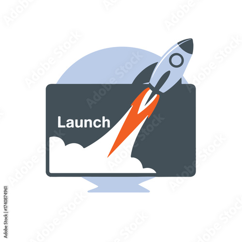 Rocket launch icon on screen representing startup innovation growth business success and digital development